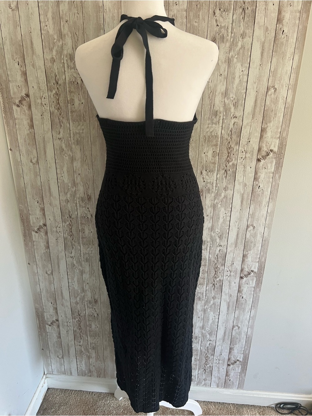 Frye Black Crochet Knit Halter Maxi Dress Resort Classic Chic Small - Picture 2 of 5